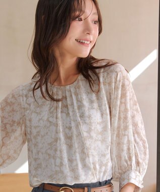 Tiaclasse L 水彩花柄シフォンブラウス ベージュ