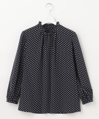 23区 L 【洗える】ジオメトリックパターン フリル ブラウス ネイビー系