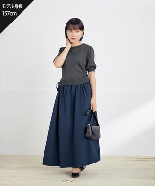 Tiaclasse L 【洗える】ニットドッキングワンピース チャコールグレー×ネイビー