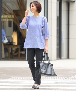 自由区 【洗える・XSサイズあり】ジオメトリックエンブロイダリー ブラウス ダルブルー系