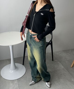 WEGO オープンショルダーダブルジップパーカー ブラック