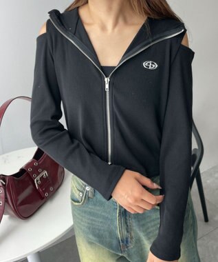 WEGO オープンショルダーダブルジップパーカー ブラック