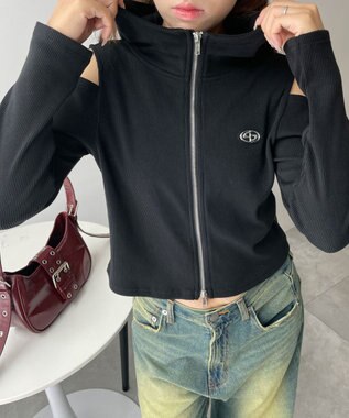 WEGO オープンショルダーダブルジップパーカー ブラック