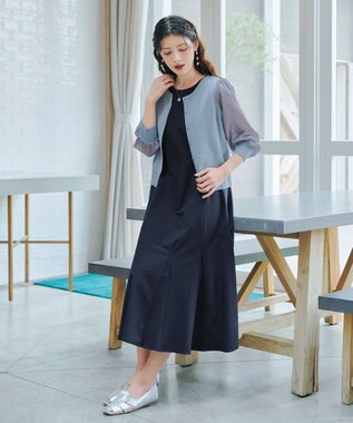 Tiaclasse L 【洗える】パフスリーブコンビカーディガン サックス