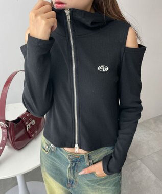 WEGO オープンショルダーダブルジップパーカー ブラック