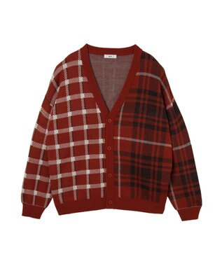 WEGO リラックスフィットパターンカーディガン オレンジチェック1