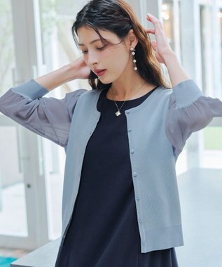 Tiaclasse L 【洗える】パフスリーブコンビカーディガン サックス