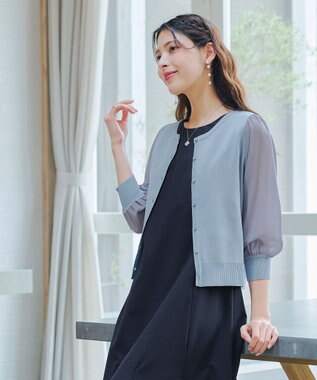 Tiaclasse L 【洗える】パフスリーブコンビカーディガン サックス