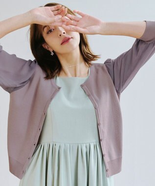 Tiaclasse L 【洗える】パフスリーブコンビカーディガン モカ