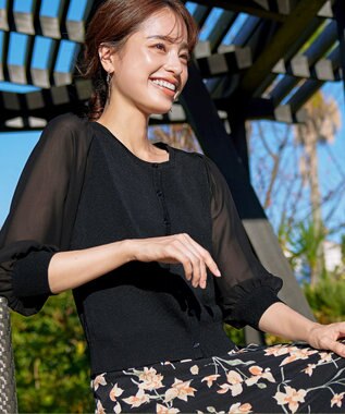 Tiaclasse L 【洗える】パフスリーブコンビカーディガン ブラック