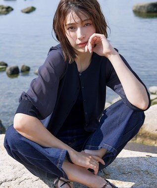 Tiaclasse L 【洗える】パフスリーブコンビカーディガン ネイビー