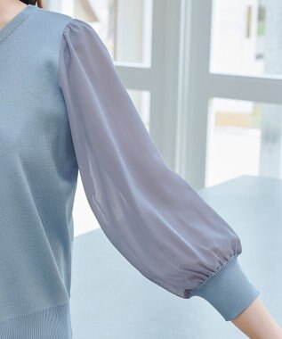 Tiaclasse L 【洗える】パフスリーブコンビカーディガン サックス