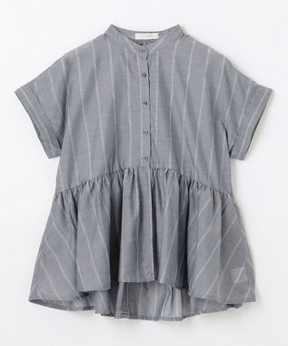 ANY L 半袖ティアードブラウス チャコール×ストライプ