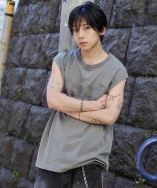 WEGO 【ユニセックス着用ITEM】ブリーチダメージアップリケノースリーブ グレー