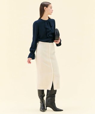 BEIGE， 【WEB限定・洗える】CLARION / バンドカラーフリルブラウス Navy