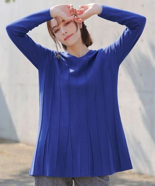 Tiaclasse 【洗える】ストライプ編みフレアニットチュニック ブルー