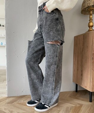 WEGO 【SMサイズ展開】サイドカットデニムストレートパンツ ブラックその他