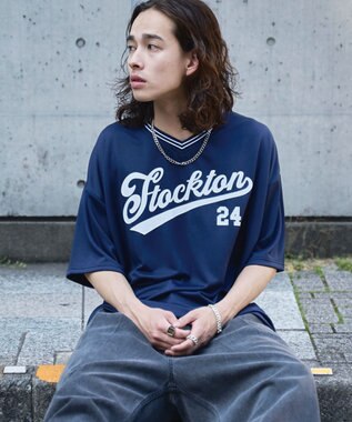 WEGO 【ユニセックス着用ITEM/2点セットネックレス付き/MLサイズ展開】アクセ付きラインリブメッシュプルオーバー ネイビー