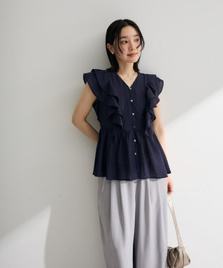 Green Parks フリルノースリーブブラウス Navy