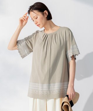 自由区 【洗える】エンブロイダリー チュニック丈カットソー カーキ系