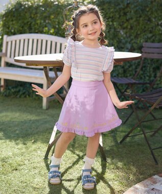 ANY KIDS オン・オフショルダー ボーダー Tシャツ ラベンダー系