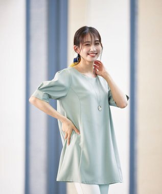 Tiaclasse L 【洗える】パフスリーブチュニックブラウス ミント
