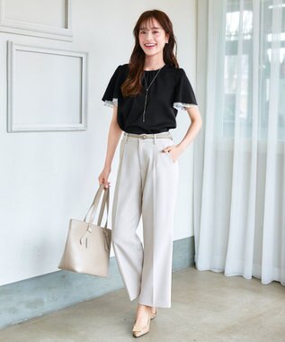 Tiaclasse 【洗える】袖レースレイヤードブラウス ブラック×オフ