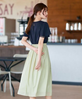 Tiaclasse 【洗える】袖レースレイヤードブラウス ネイビー