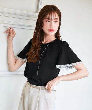 Tiaclasse 【洗える】袖レースレイヤードブラウス ブラック×オフ