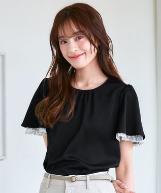 Tiaclasse 【洗える】袖レースレイヤードブラウス ブラック×オフ