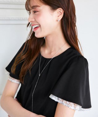Tiaclasse 【洗える】袖レースレイヤードブラウス ブラック×オフ