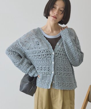 AMERICAN HOLIC 【前後2WAY】レース透かし編みニットカーディガン Sax