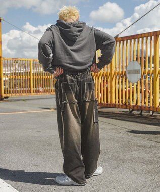 WEGO 【ユニセックス着用ITEM】ピグメントダメージアップリケZIPパーカー スミクロ