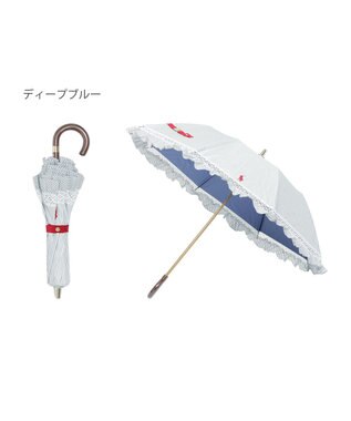MOONBAT 【遮光/晴雨兼用日傘】POLO RALPH LAUREN（ポロラルフローレン）折りたたみ日傘 ストライプフリル 遮熱 遮光 UV ダークブルー