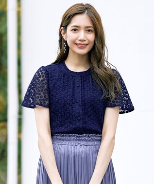Tiaclasse 【洗える】チュールレースブラウス ネイビー
