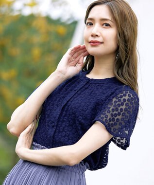 Tiaclasse 【洗える】チュールレースブラウス ネイビー