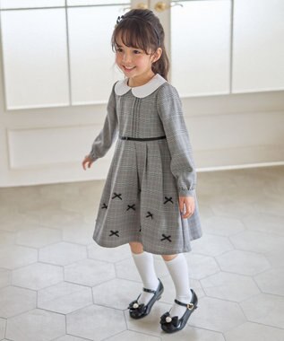 ANY KIDS 襟付き リボン 長袖ワンピース グレンチェック