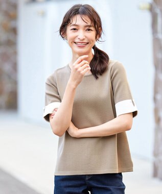 Tiaclasse L 【洗える】配色カフスニットトップス モカ×オフホワイト