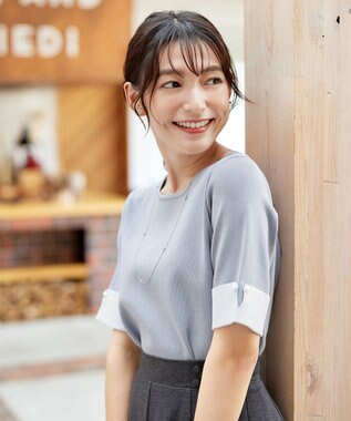 Tiaclasse L 【洗える】配色カフスニットトップス ブルー×サックス