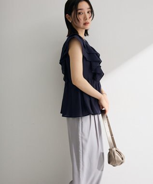 Green Parks フリルノースリーブブラウス Navy