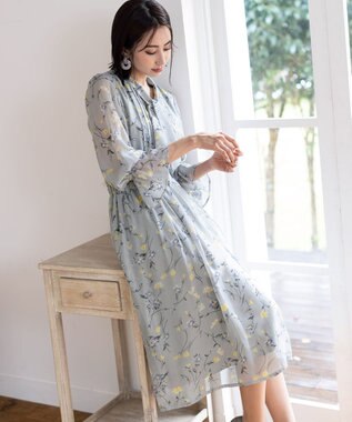 Tiaclasse L 【洗える】程良い透け感のプリントボウタイワンピース サックス