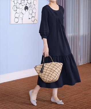 Tiaclasse L 【洗える】パフ袖ピンタックロングワンピース ネイビー