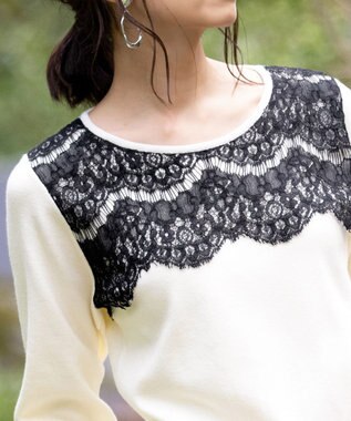 Tiaclasse L 【洗える】大人上品なスカラップレースコンビニット オフ×ブラック