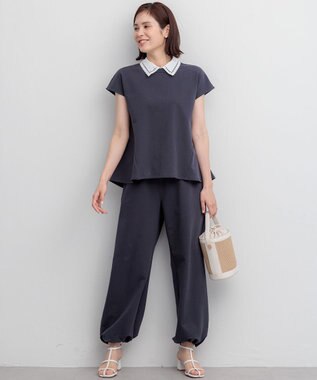 組曲 【加藤ローサさん着用】フレンチテリー 刺繍襟 ペプラムカットソー グレー系