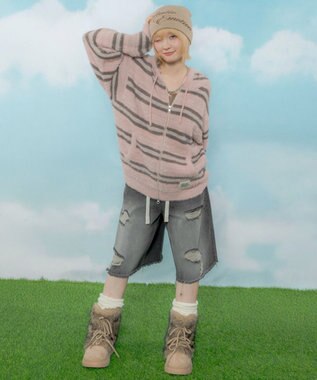 WEGO 【ユニセックス着用ITEM】シャギーボーダーニットパーカー ピンク