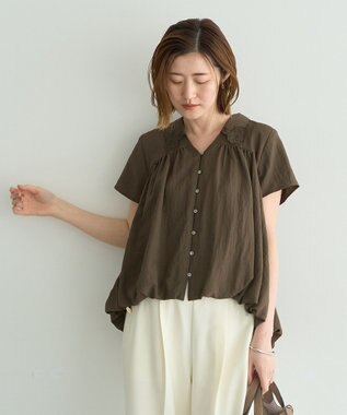 YECCA VECCA 刺繍カラーバルーンヘムブラウス Brown