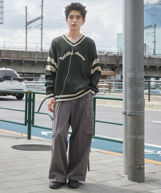 WEGO ラインチルデンニットプルオーバー ダークグリーン