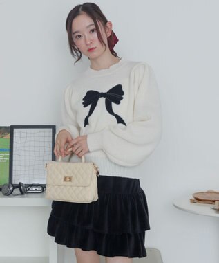 WEGO ベロアリボンアップリケタックスリーブニット ホワイトアイボリー