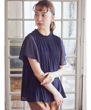 earth music&ecology マジョリカプリーツ半袖ブラウス Navy