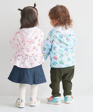 MIKI HOUSE HOT BISCUITS 【80-120cm】ビーンズ×乗り物 総柄ウインドブレーカー サックス